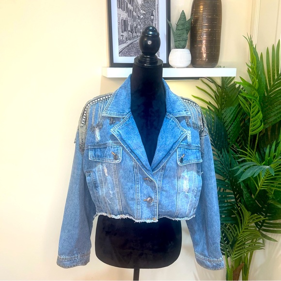 Forever 21 BEADED RHINESTONE Embellished Tassels Denim Crop Jacket Medium - Picture 4 of 13